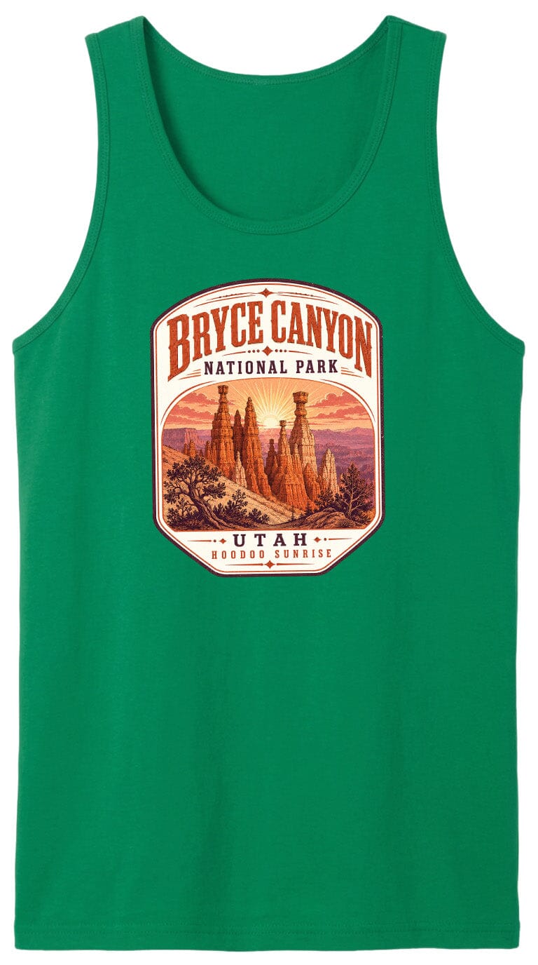 A green tank top with a graphic design depicting Bryce Canyon National Park and Utah.