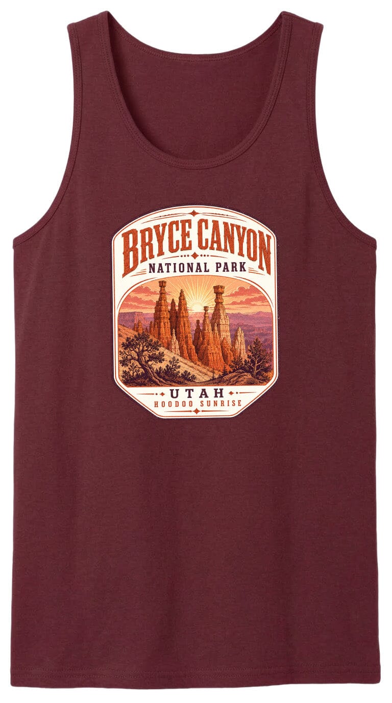 A red tank top with a graphic design depicting Bryce Canyon National Park and Utah.