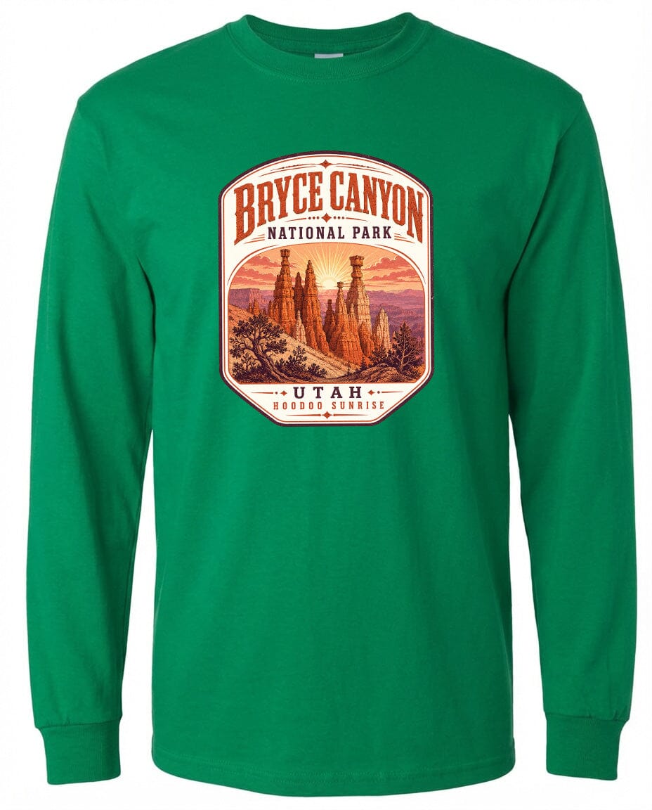 A green long-sleeved t-shirt with a graphic design depicting the Bryce Canyon National Park in Utah.