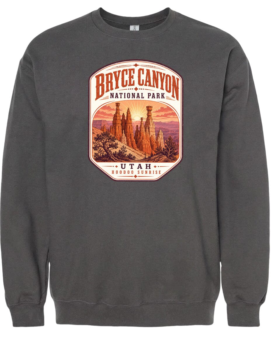 A gray sweatshirt with a graphic design depicting the Bryce Canyon National Park in Utah.
