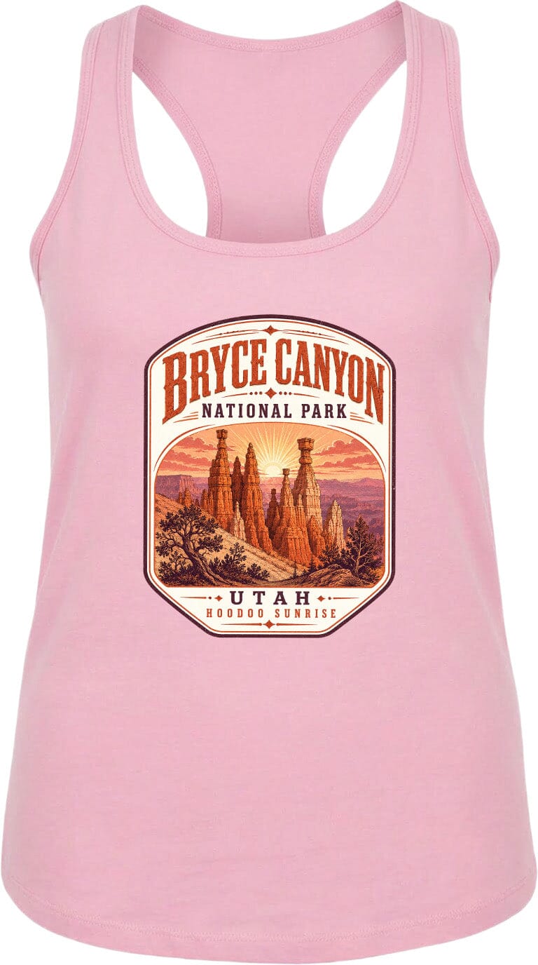 A pink tank top with a graphic design depicting Bryce Canyon National Park and Utah.