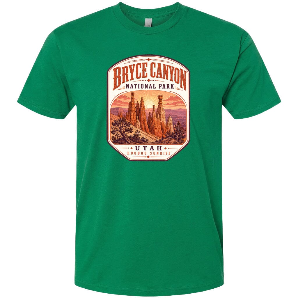 A green t-shirt with a graphic design depicting the Bryce Canyon National Park in Utah.
