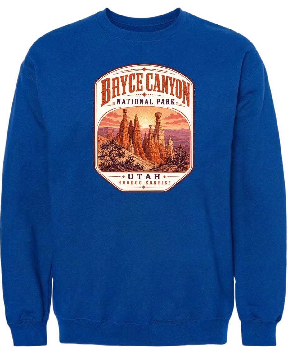A blue sweatshirt with a graphic design depicting the Bryce Canyon National Park in Utah.