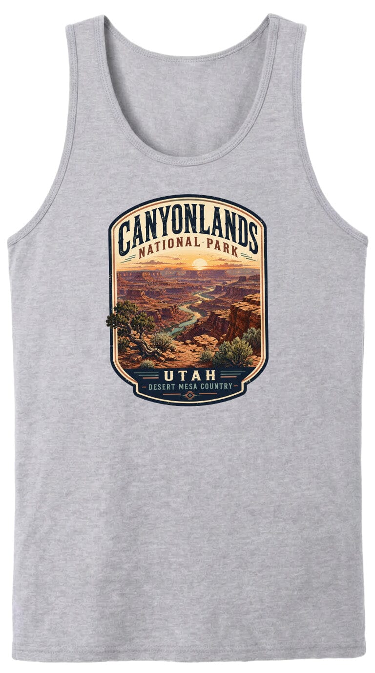 A gray tank top with a graphic design depicting the scenic landscape of Canyonlands National Park in Utah.