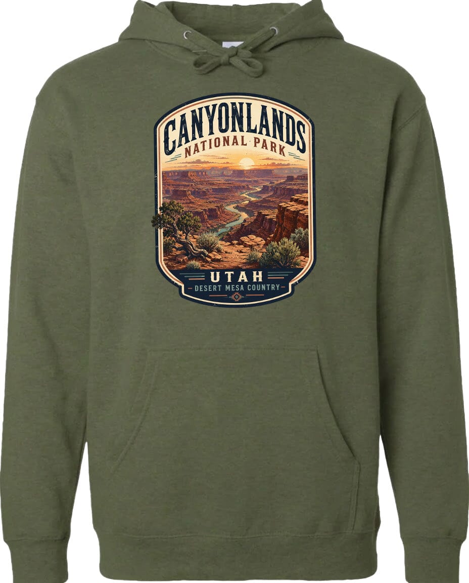 A hoodie with a graphic design depicting the scenic landscape of Canyonlands National Park in Utah.