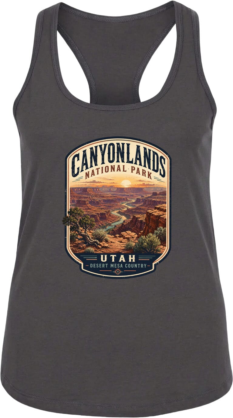 A gray tank top with a graphic design depicting the scenic landscape of Canyonlands National Park in Utah.