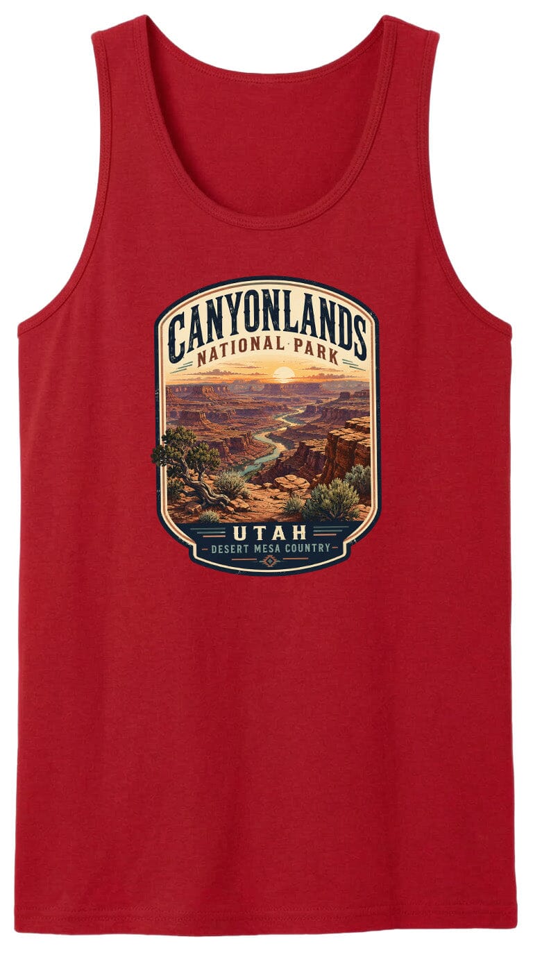 A red tank top with a graphic design depicting the scenic landscape of Canyonlands National Park in Utah.