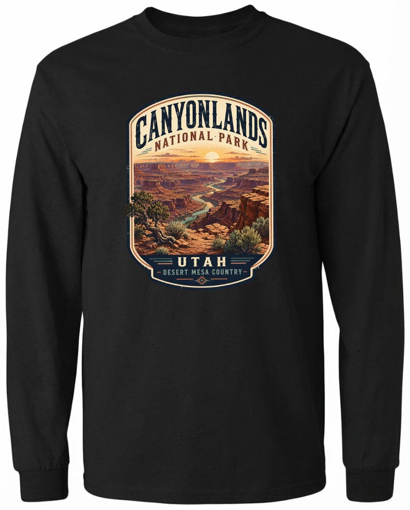 A black long-sleeved t-shirt with a graphic design depicting the scenic landscape of Canyonlands National Park in Utah.