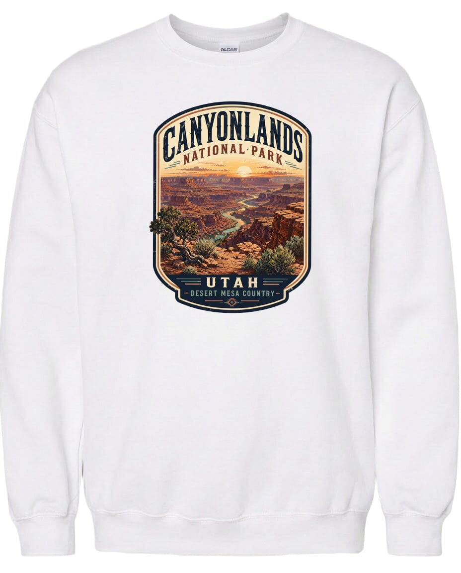 A white sweatshirt with a graphic design depicting the scenic landscape of Canyonlands National Park in Utah.