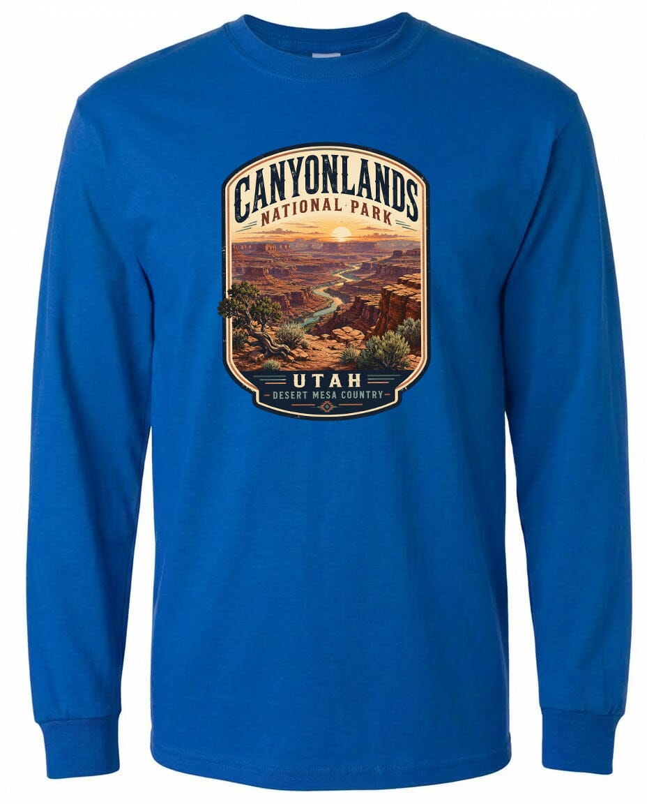 A blue long-sleeved t-shirt with a graphic design depicting the scenic landscape of Canyonlands National Park in Utah.