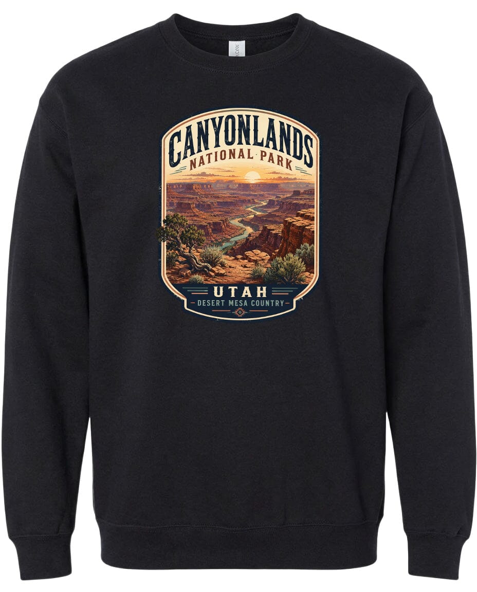 A black sweatshirt with a graphic design depicting the scenic landscape of Canyonlands National Park in Utah.