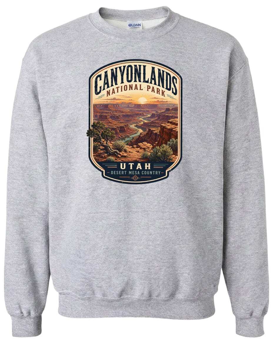 A gray sweatshirt with a graphic design depicting the scenic landscape of Canyonlands National Park in Utah.