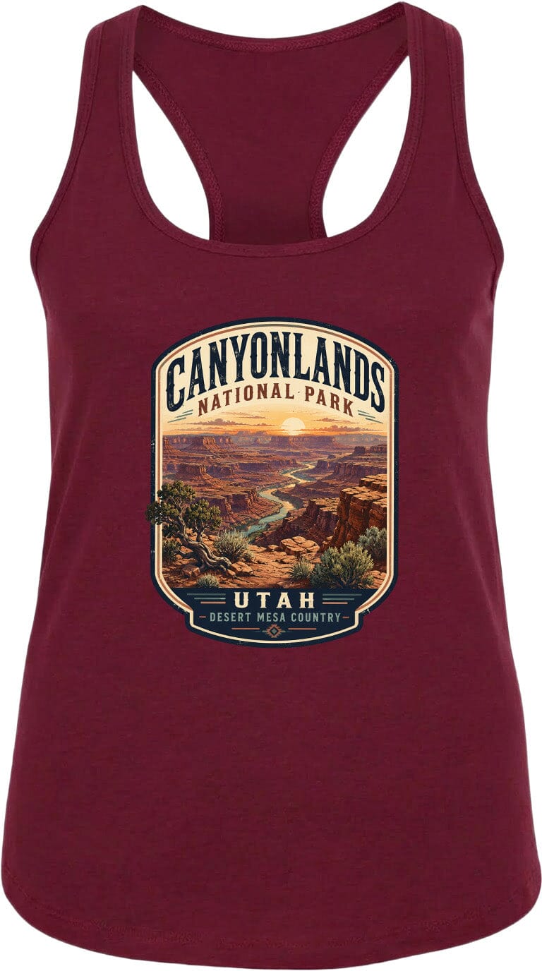 A red tank top with a graphic design depicting the scenic landscape of Canyonlands National Park in Utah.