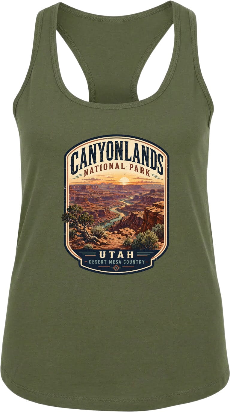 A green tank top with a graphic design depicting the scenic landscape of Canyonlands National Park in Utah.