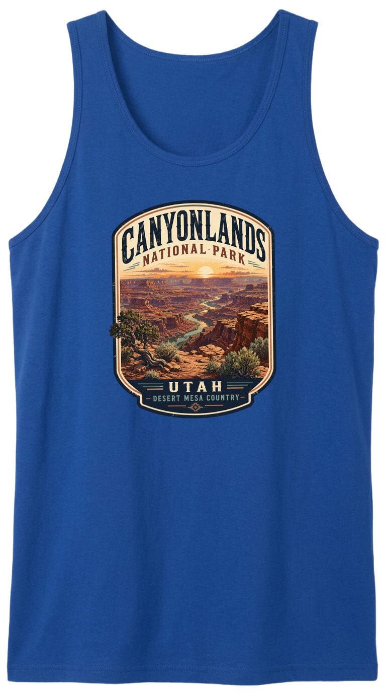 A blue tank top with a graphic design depicting the scenic landscape of Canyonlands National Park in Utah.