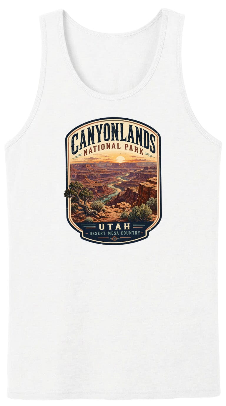 A white tank top with a graphic design depicting the scenic landscape of Canyonlands National Park in Utah.