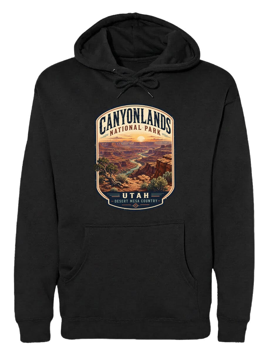 A black hoodie with a graphic design depicting the scenic landscape of Canyonlands National Park in Utah.