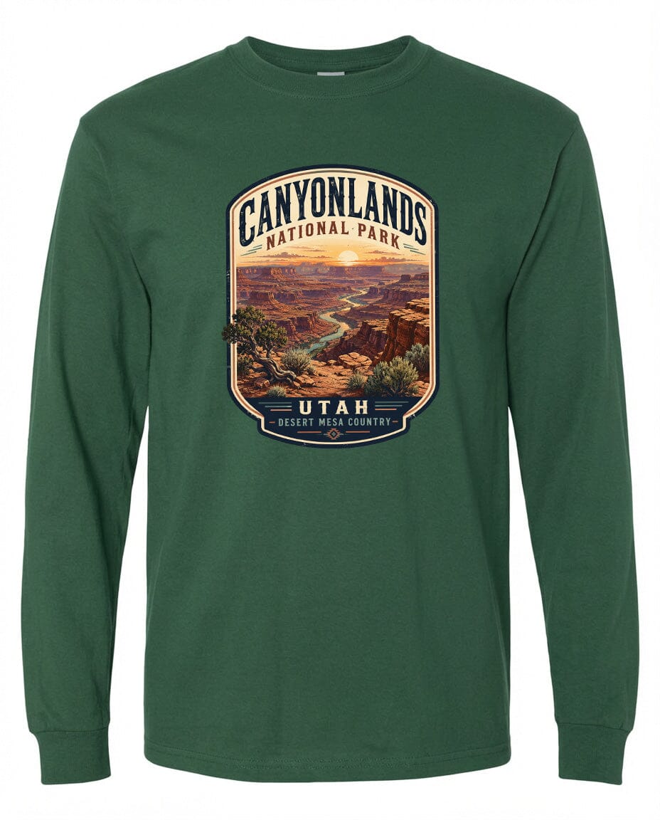 A green long-sleeved t-shirt with a graphic design depicting the scenic landscape of Canyonlands National Park in Utah.
