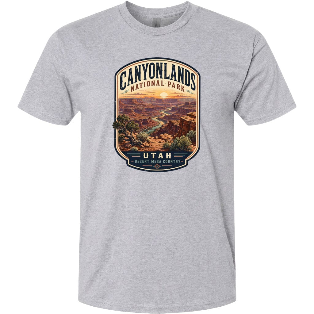 A gray t-shirt with a graphic design depicting the scenic landscape of Canyonlands National Park in Utah.