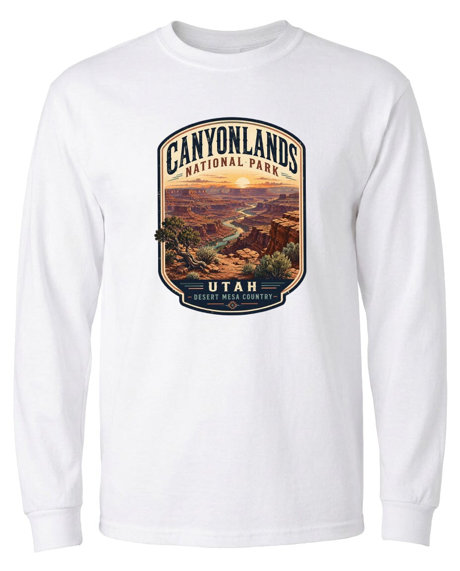 A white long-sleeved t-shirt with a graphic design depicting the scenic landscape of Canyonlands National Park in Utah.