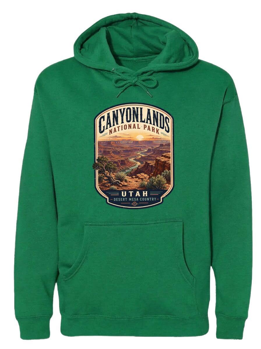 A green hoodie with a graphic design depicting the scenic landscape of Canyonlands National Park in Utah.