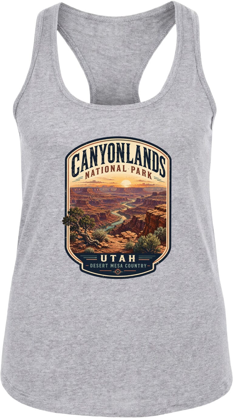 A gray tank top with a graphic design depicting the scenic landscape of Canyonlands National Park in Utah.