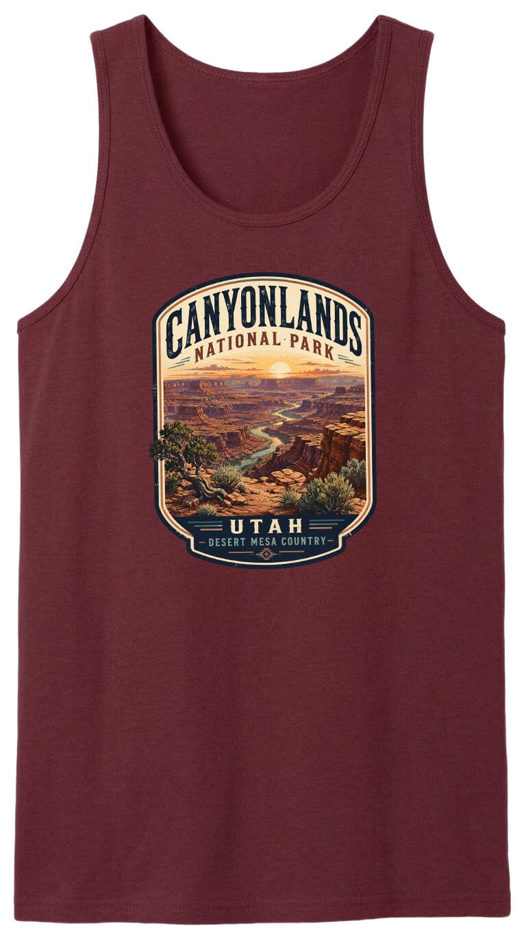 A red tank top with a graphic design depicting the scenic landscape of Canyonlands National Park in Utah.