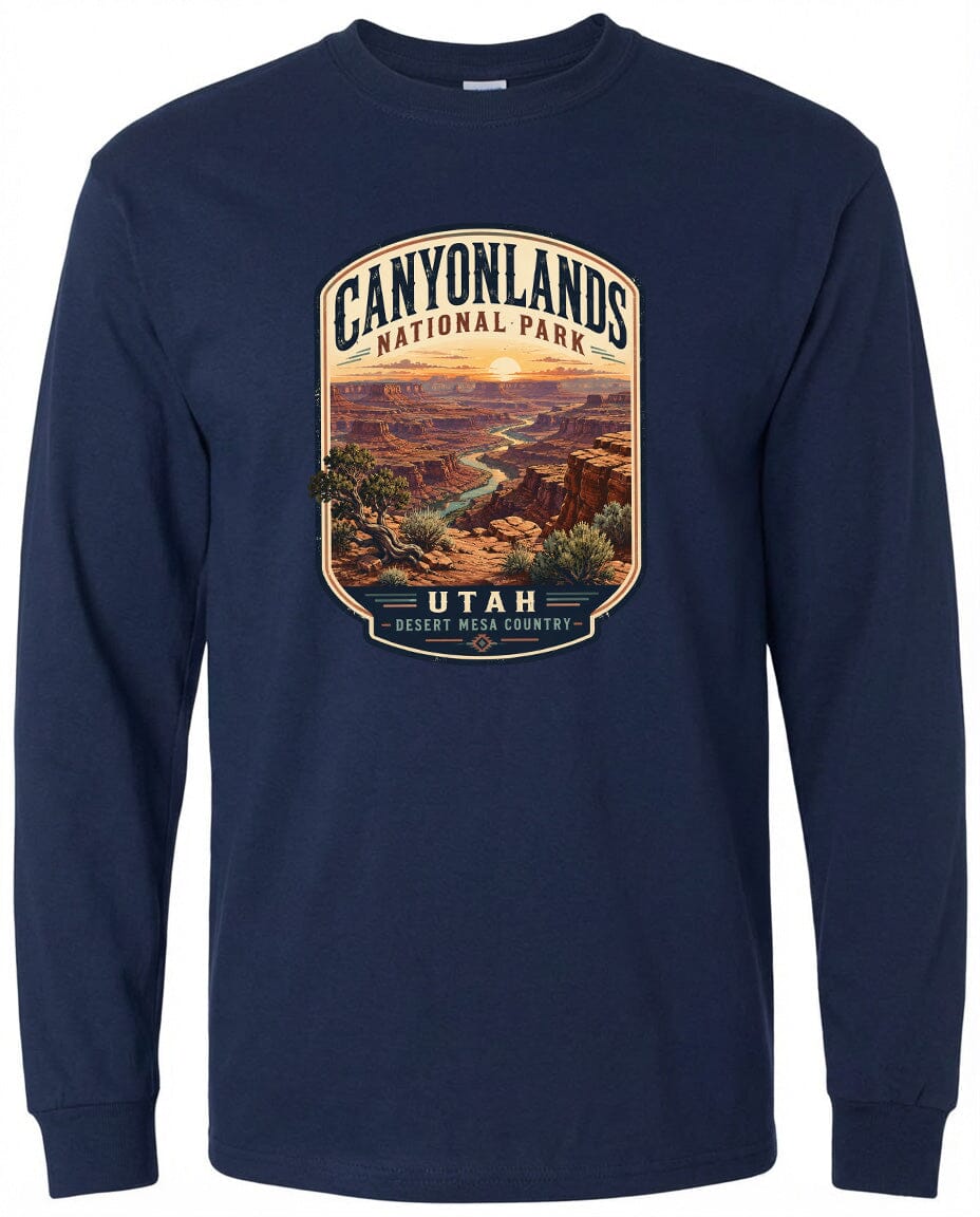 A long-sleeved navy blue t-shirt with a graphic design depicting the Canyonlands National Park in Utah.