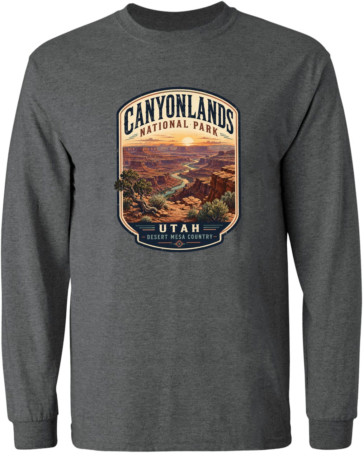 a graphic design of a desert landscape with mountains and a river, representing the Canyonlands National Park in Utah.