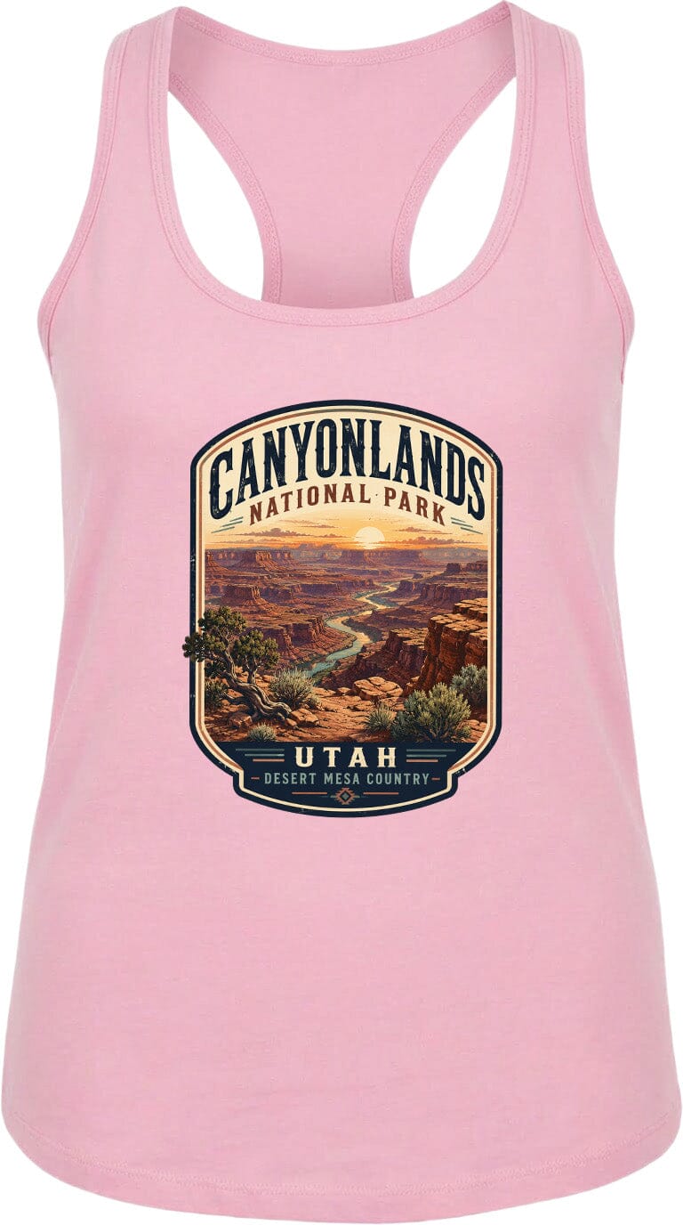 A pink tank top with a graphic design depicting the scenic landscape of Canyonlands National Park in Utah.