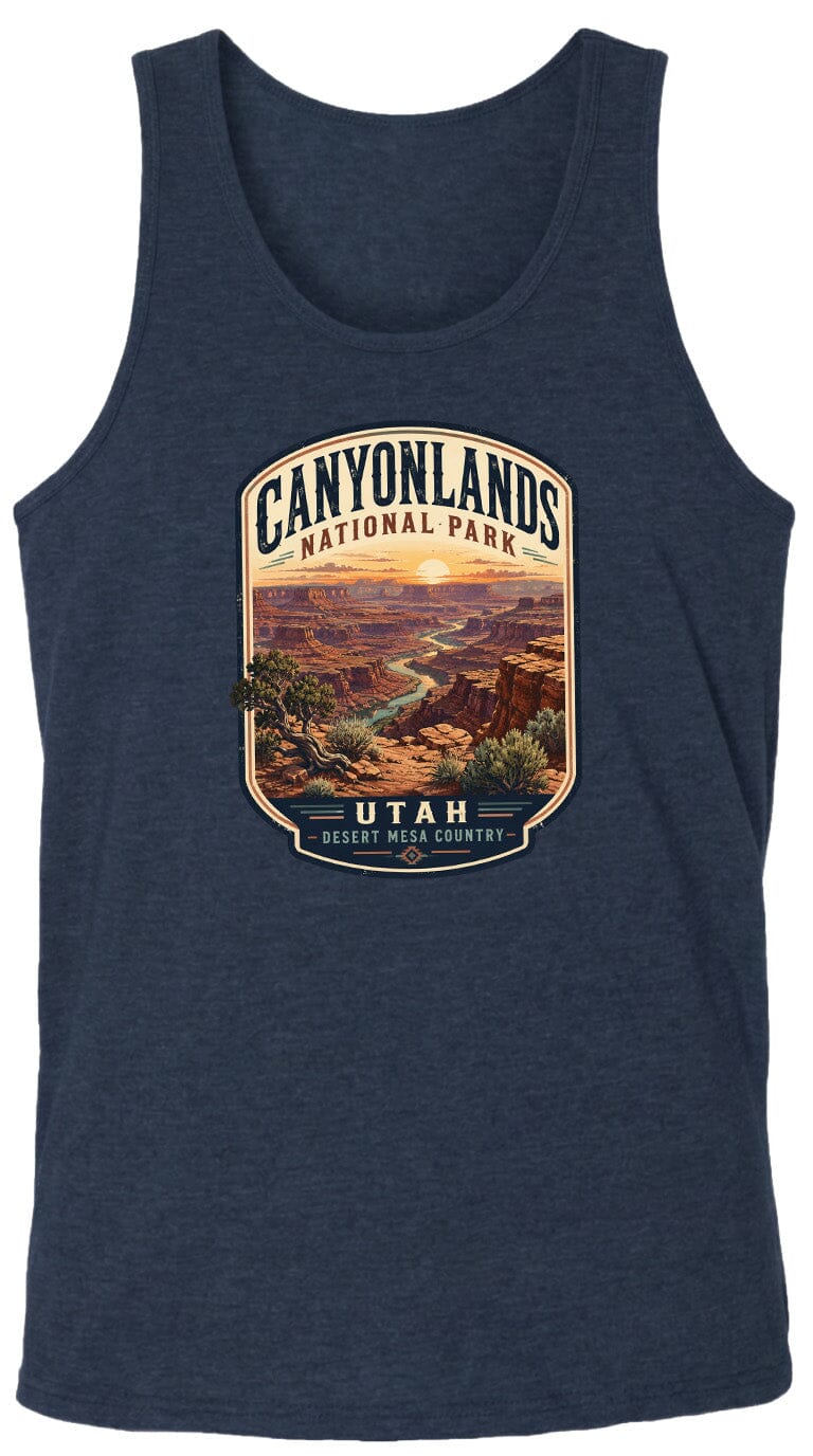 A graphic design on a dark blue tank top featuring a scenic image of the Canyons National Park in Utah, with the text "CANYONLANDS NATIONAL PARK" and "UTAH DESERT MESA COUNTRY" prominently displayed.