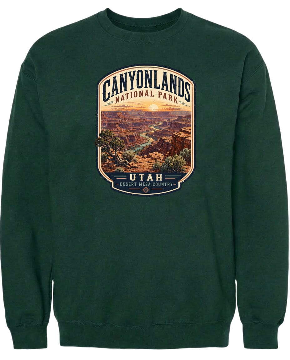 A green sweatshirt with a graphic design depicting the scenic landscape of Canyonlands National Park in Utah.