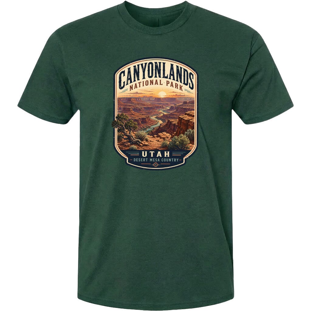 A green t-shirt with a graphic design depicting a scenic landscape of the Canyonlands National Park in Utah.
