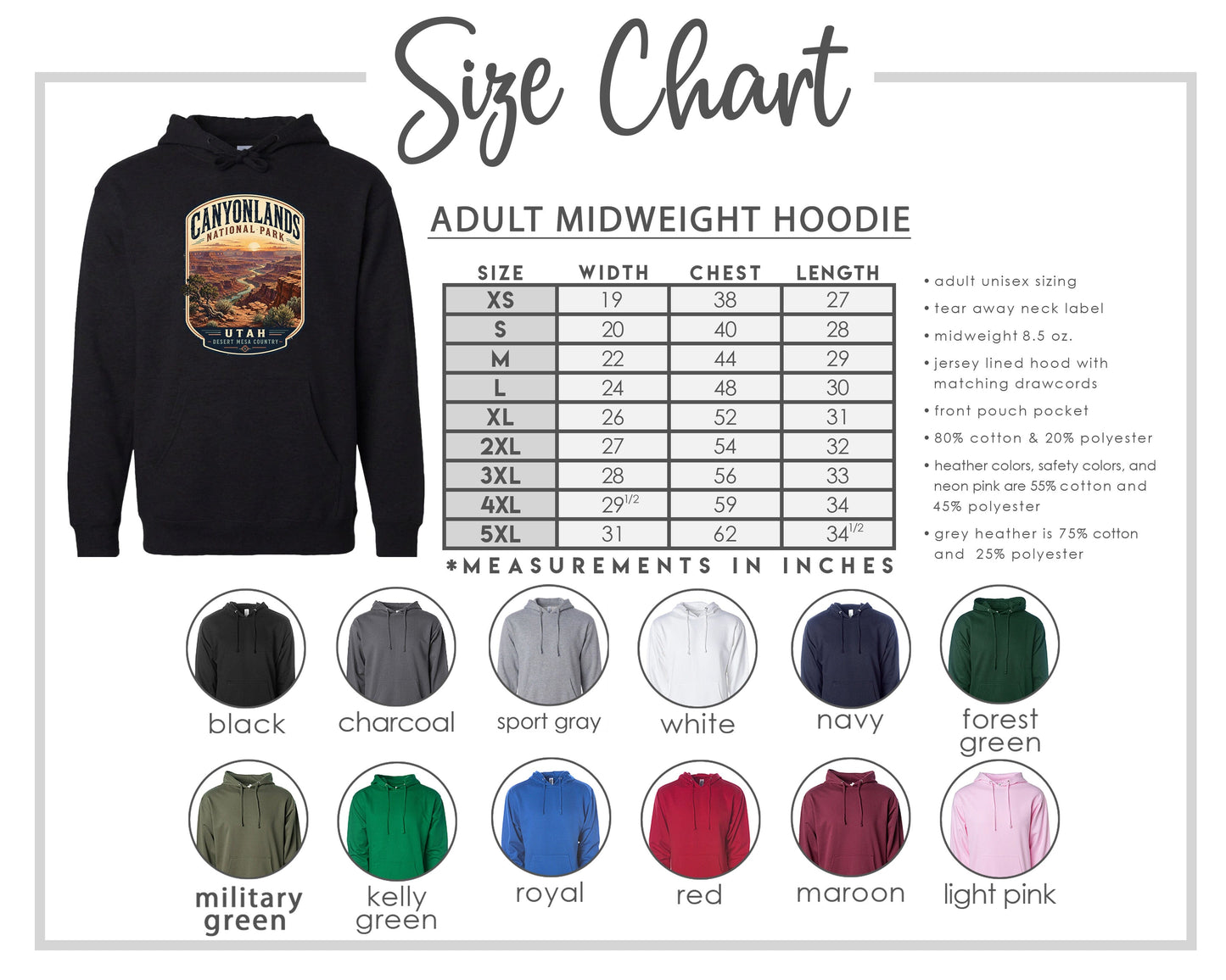 The image is a size chart for an adult midweight hoodie, including various color options and corresponding measurements in inches.