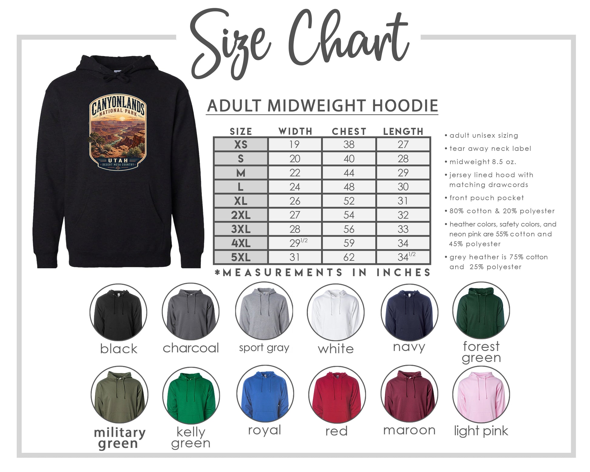The image is a size chart for an adult midweight hoodie, including various color options and corresponding measurements in inches.