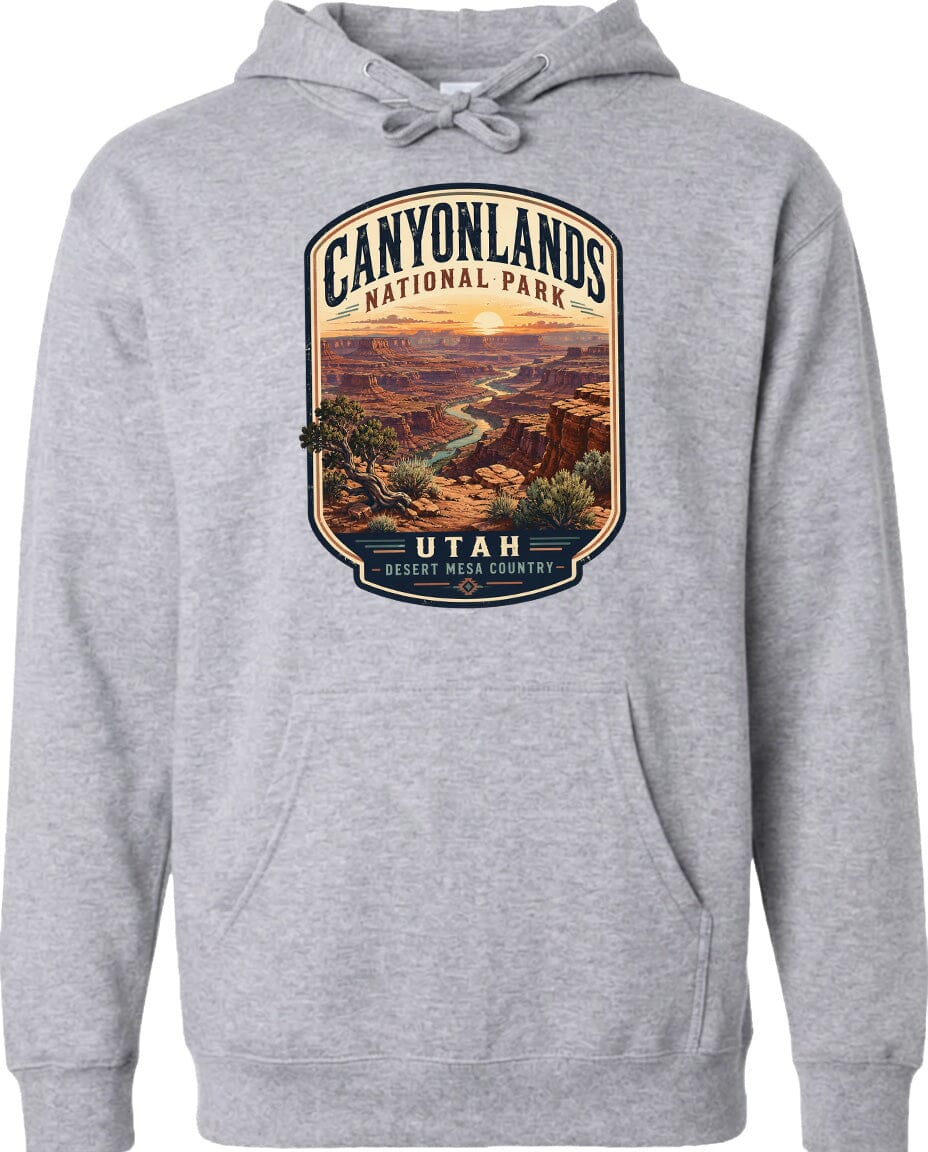 A gray hoodie with a graphic design depicting the scenic landscape of Canyonlands National Park in Utah.