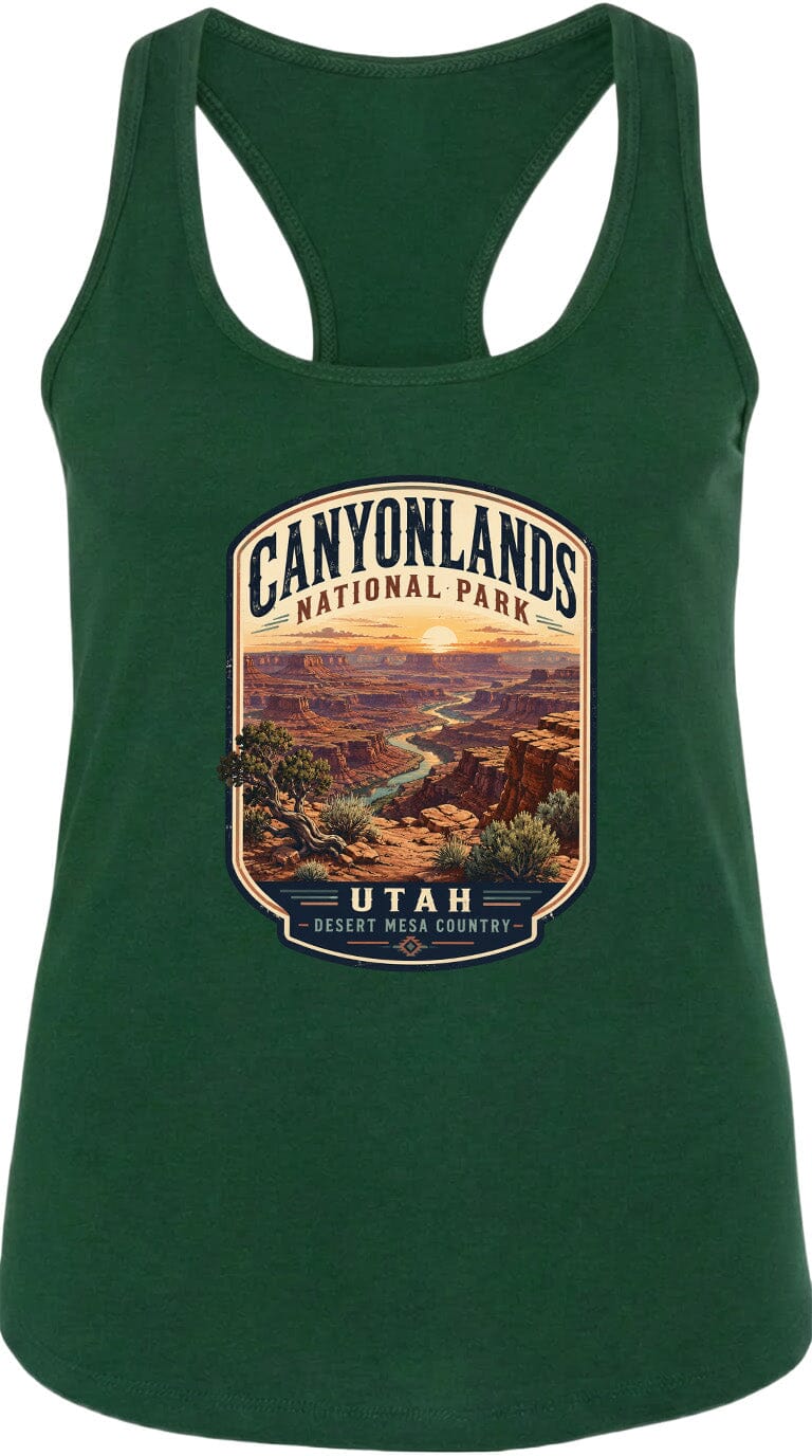 A green tank top with a graphic design depicting the scenic landscape of Canyonlands National Park in Utah.