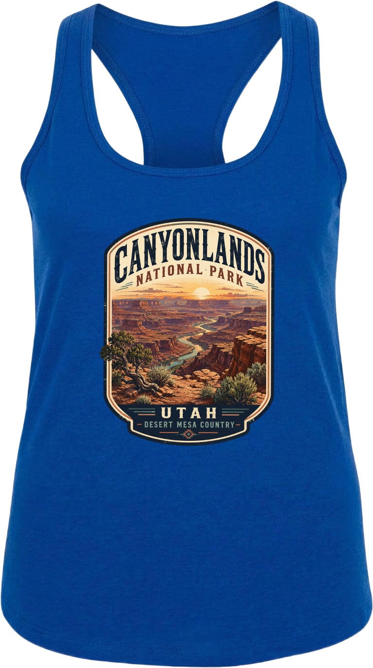 A blue tank top with a graphic design depicting the scenic landscape of Canyonlands National Park in Utah.
