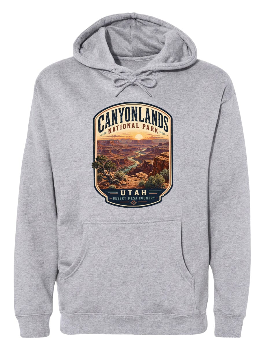 A gray hoodie with a graphic design depicting the scenic landscape of Canyonlands National Park in Utah.