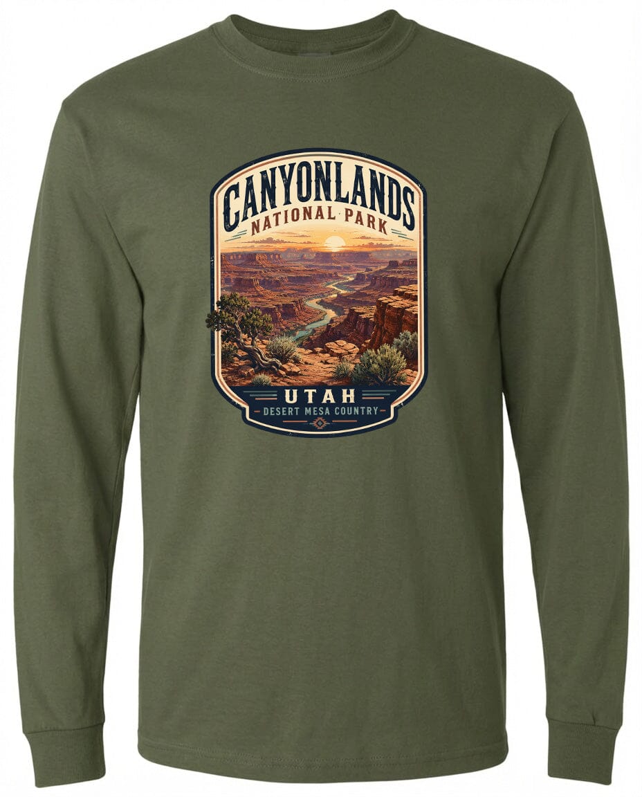 A long-sleeved green t-shirt with a graphic design depicting the scenic landscape of Canyonlands National Park in Utah.