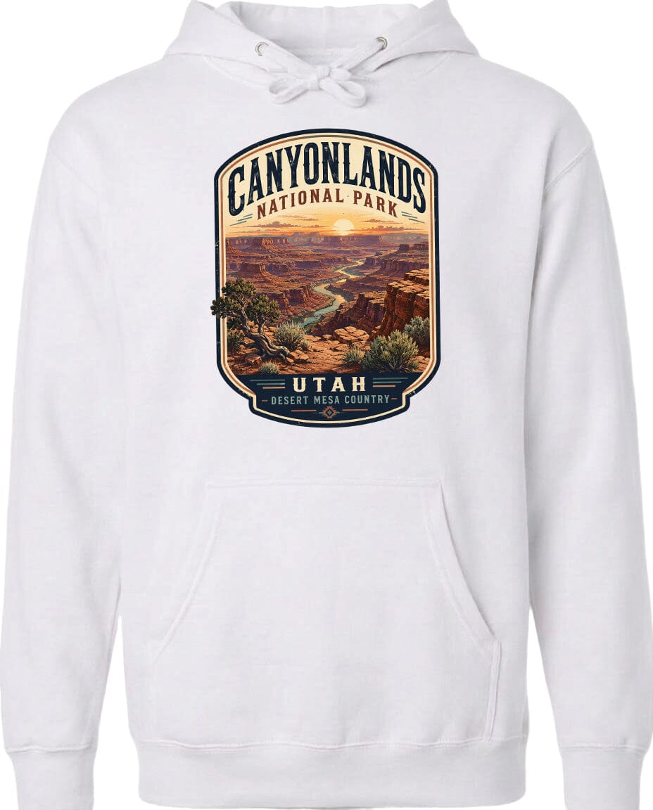 A white hoodie with a graphic design depicting the scenic landscape of Canyonlands National Park in Utah.