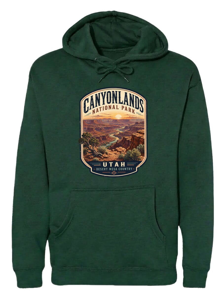 A green hoodie with a graphic design depicting the scenic landscape of Canyonlands National Park in Utah.