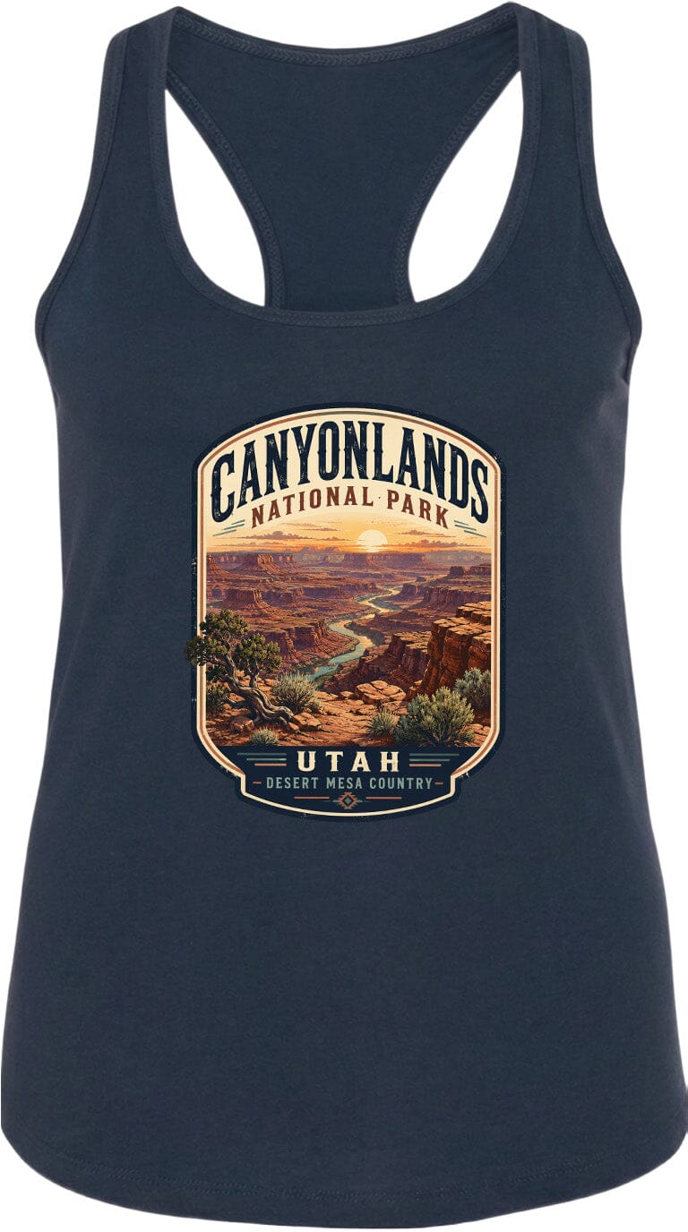 A graphic design on a dark tank top depicting the scenic landscape of Canyonlands National Park in Utah, with a sunset over the Grand Canyon.