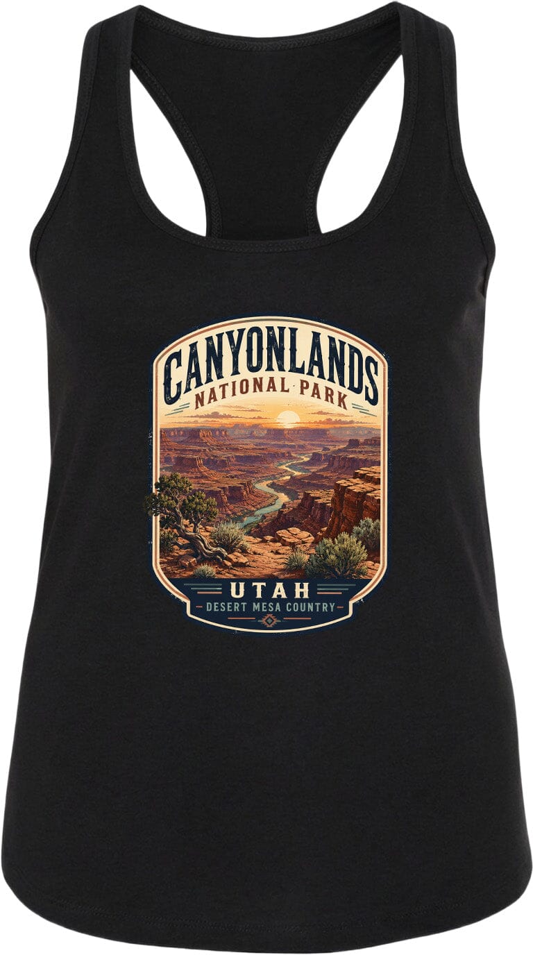 a black tank top with a graphic design depicting the scenic landscape of Canyonlands National Park in Utah.