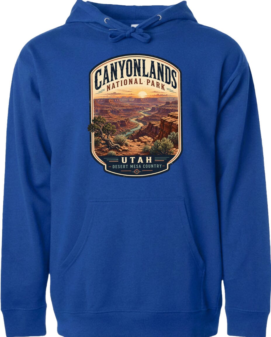 A blue hoodie with a graphic design depicting the scenic landscape of Canyonlands National Park in Utah.