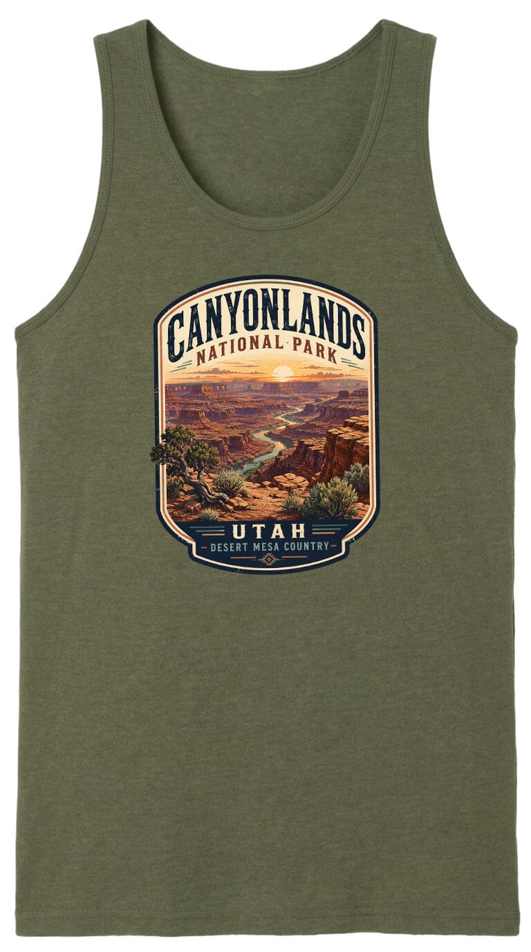 A green tank top with a graphic design depicting the scenic landscape of Canyonlands National Park in Utah.