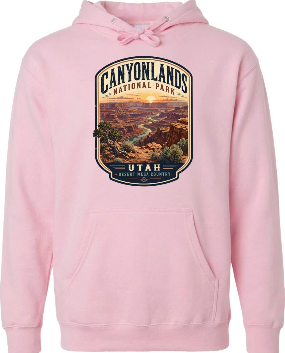 A pink hoodie with a graphic design depicting the scenic landscape of Canyonlands National Park in Utah.