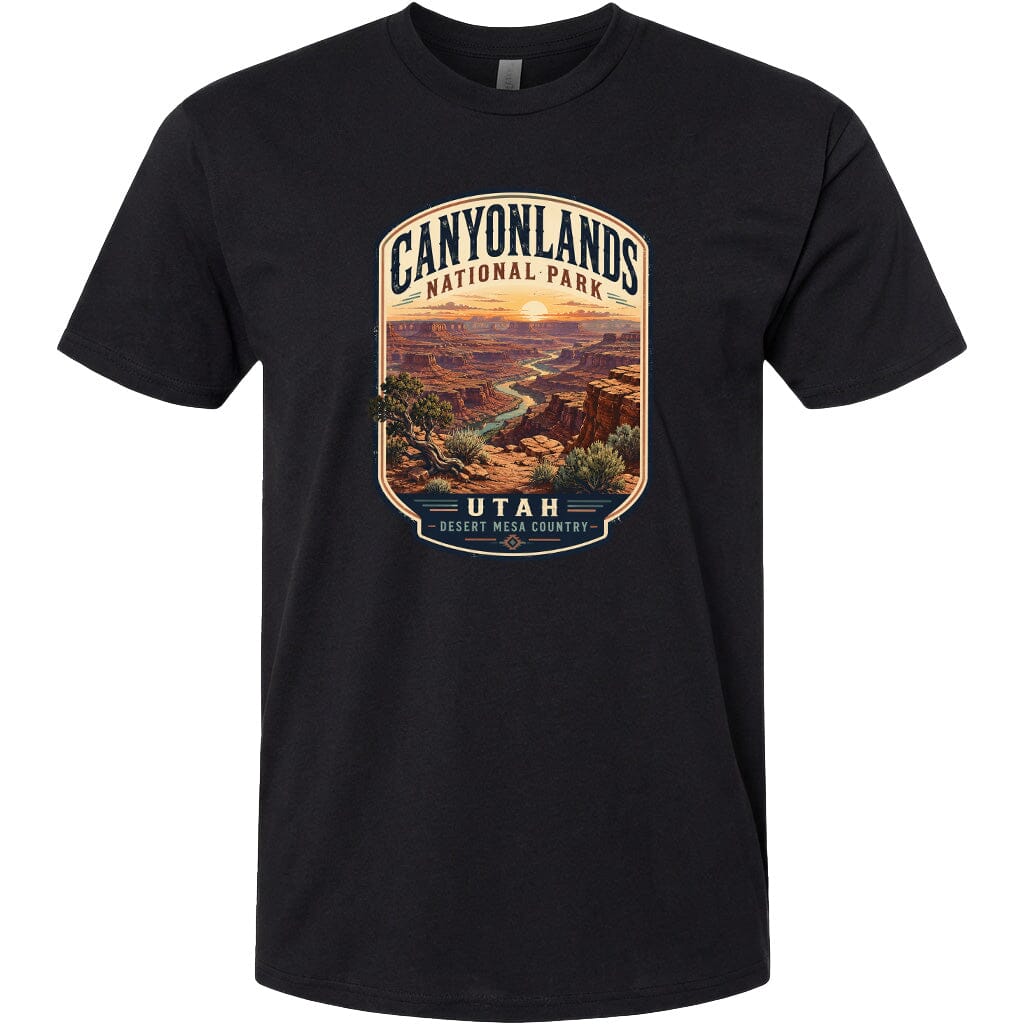 A black t-shirt with a graphic design depicting the scenic landscape of Canyonlands National Park in Utah.