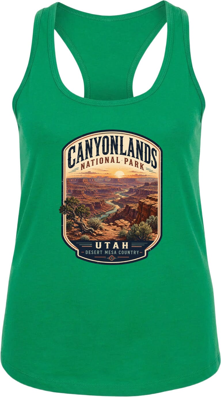 A green tank top with a graphic design depicting the scenic landscape of Canyonlands National Park in Utah.