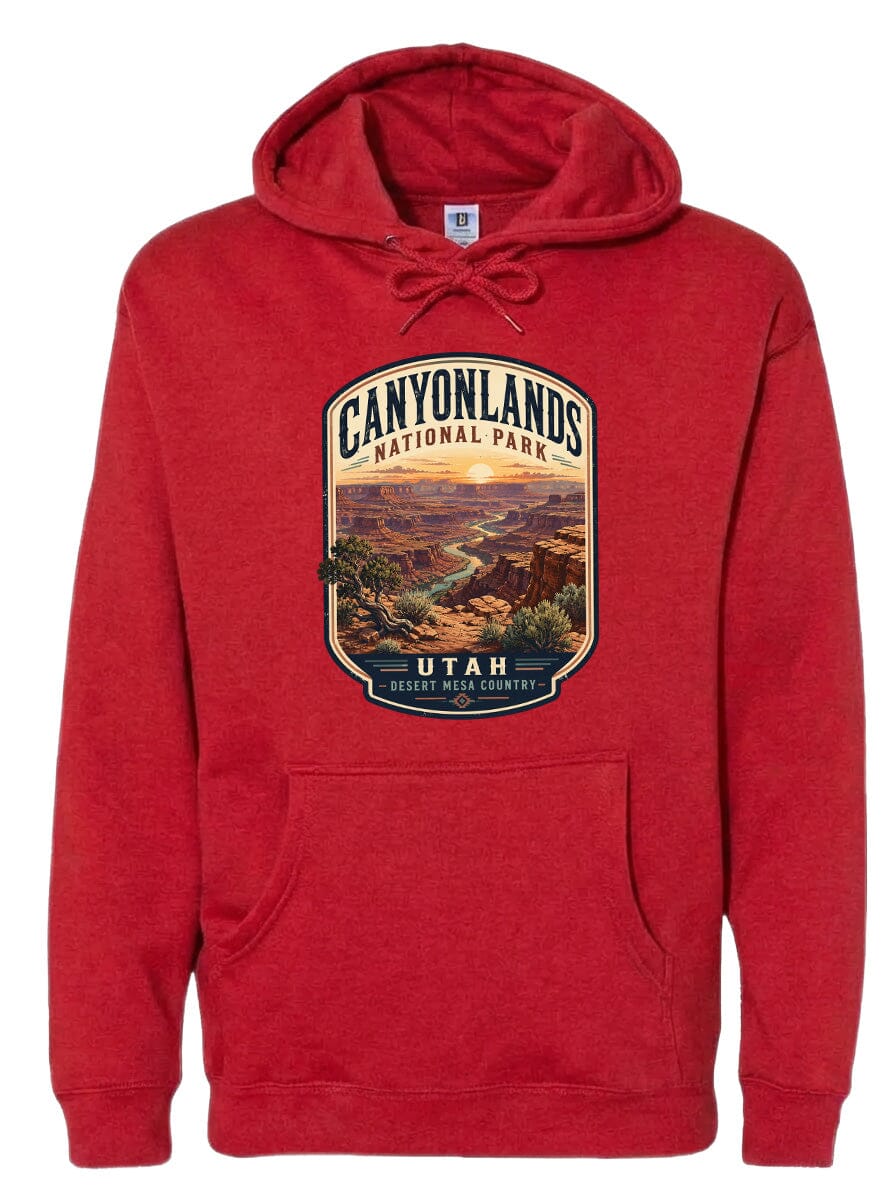 A red hoodie with a graphic design depicting the Canyonlands National Park in Utah.